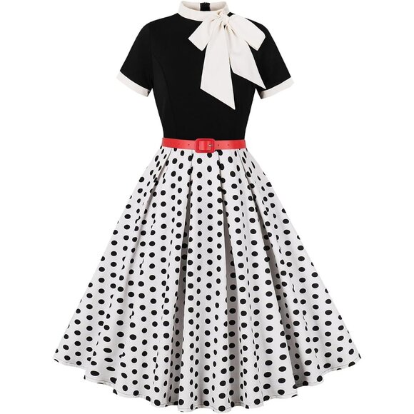 Women 50s Style Vintage Swing Dress Short Sleeve Tie Neck Polka Dot - Picture 1 of 6